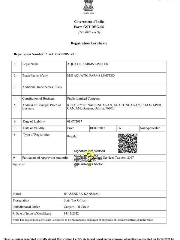 3-CertificationAquatic Farms Limited